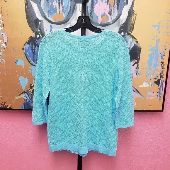 FDJ Jeans Scallop Trim Crew Neck 3/4 Sleeve Pintelle Stitch Sweater - Picture 2 of 5